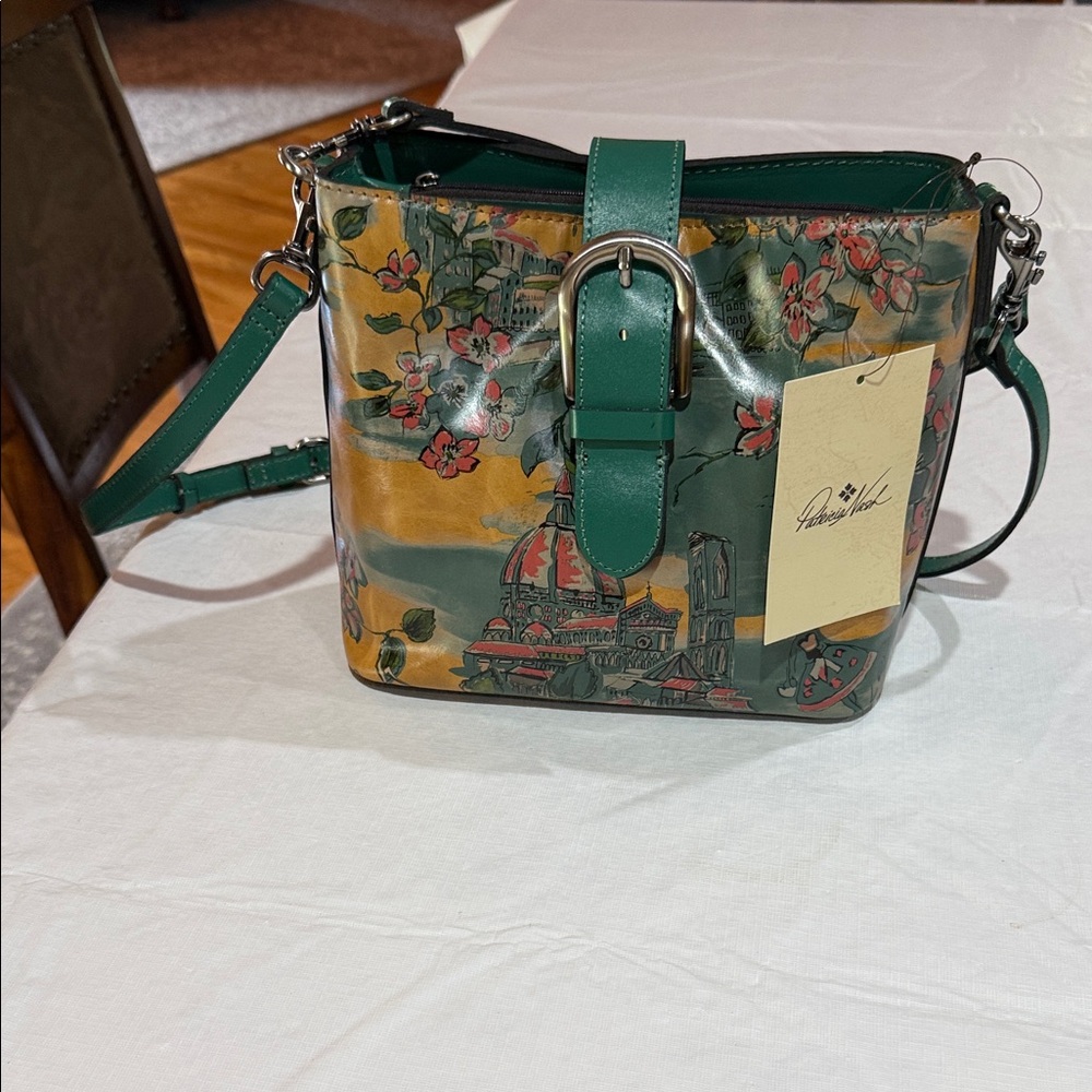 Patricia Nash Green Floral and Mustard Printed Crossbody Bag
